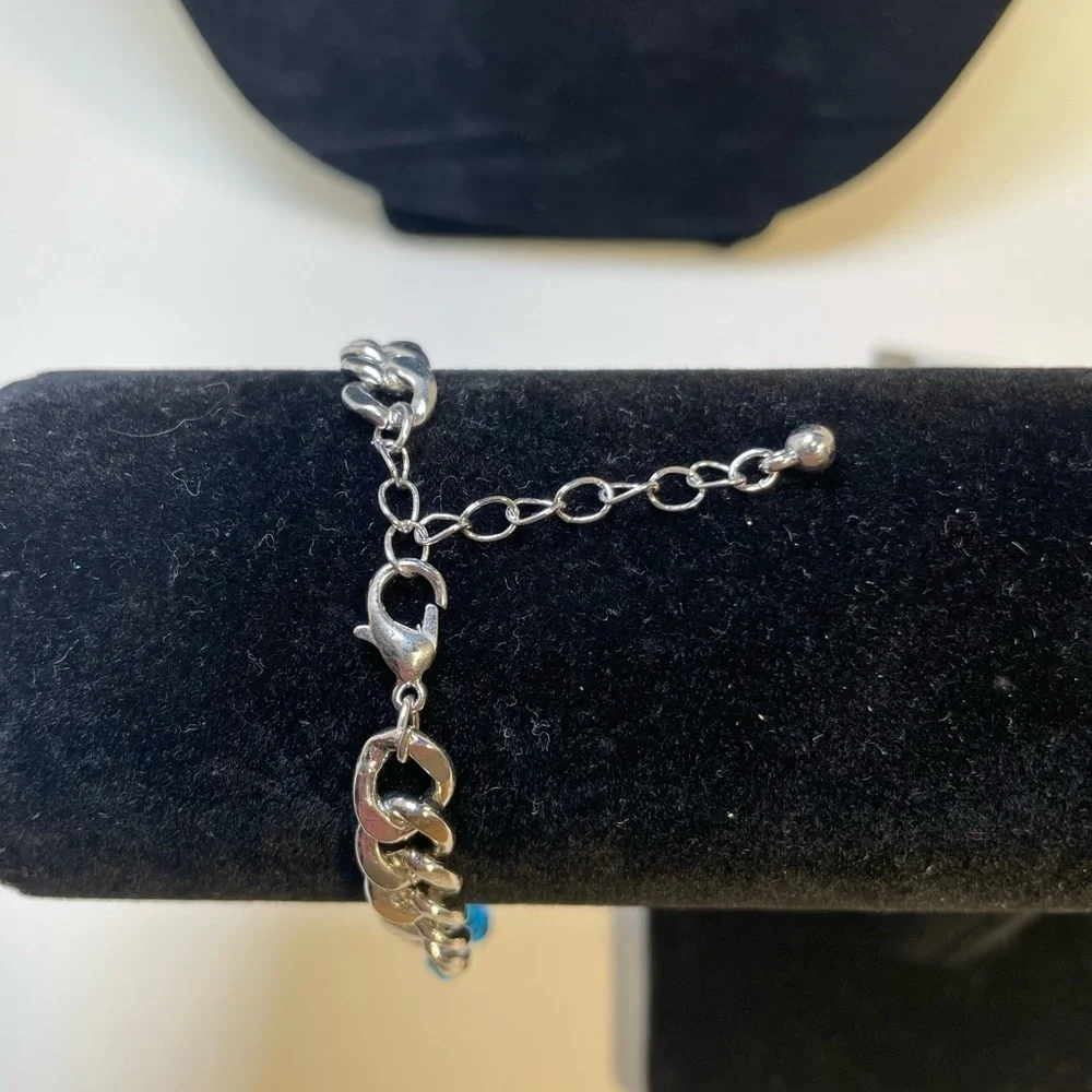 Men’s Silver and Blue Tone Cuban Chain Link Bracelet 8” with 2” Extension